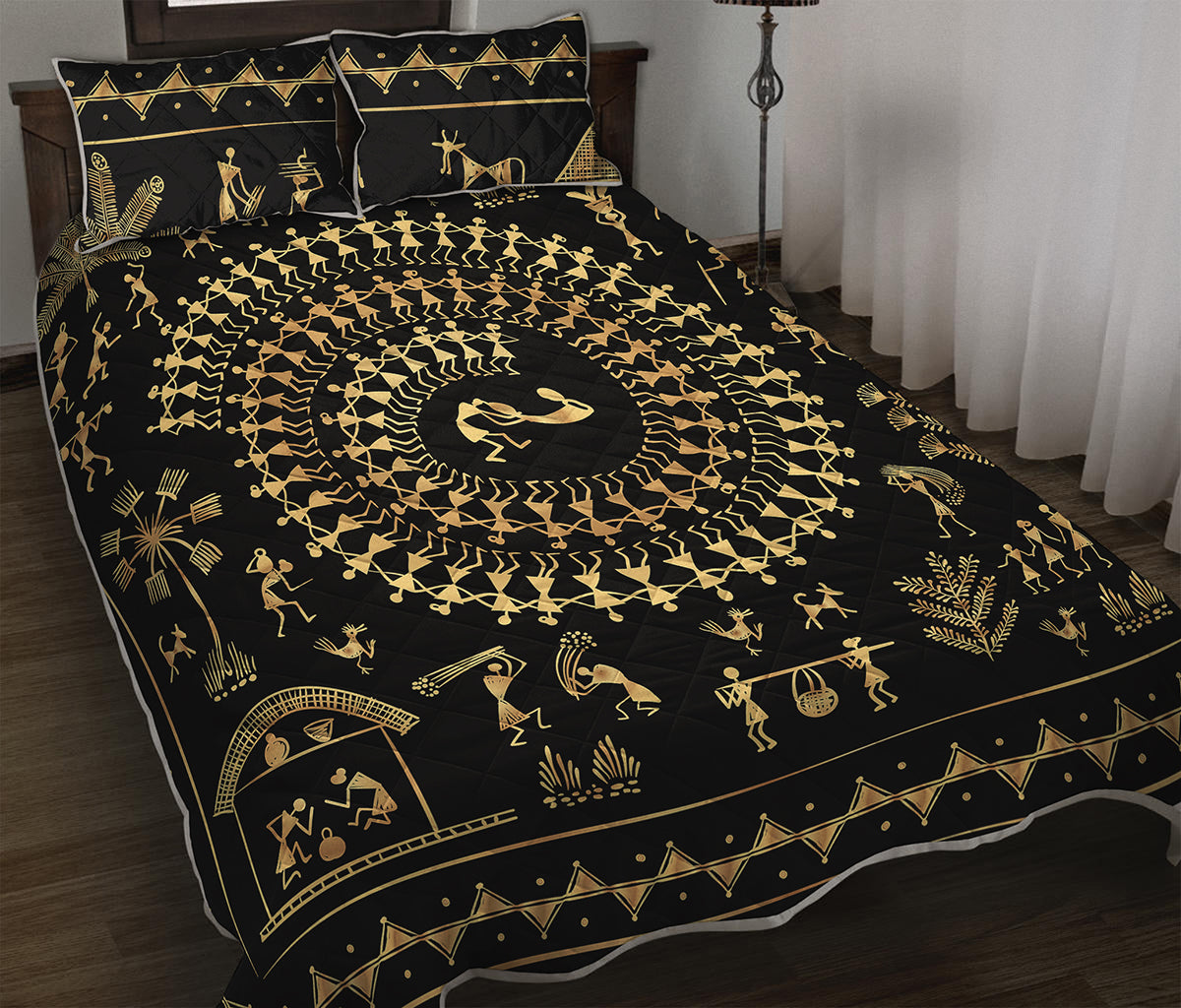 Black And Gold Warli Tribal Print Quilt Bed Set