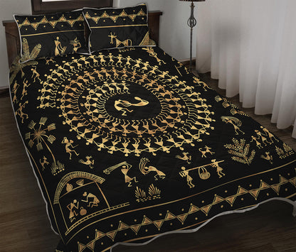 Black And Gold Warli Tribal Print Quilt Bed Set
