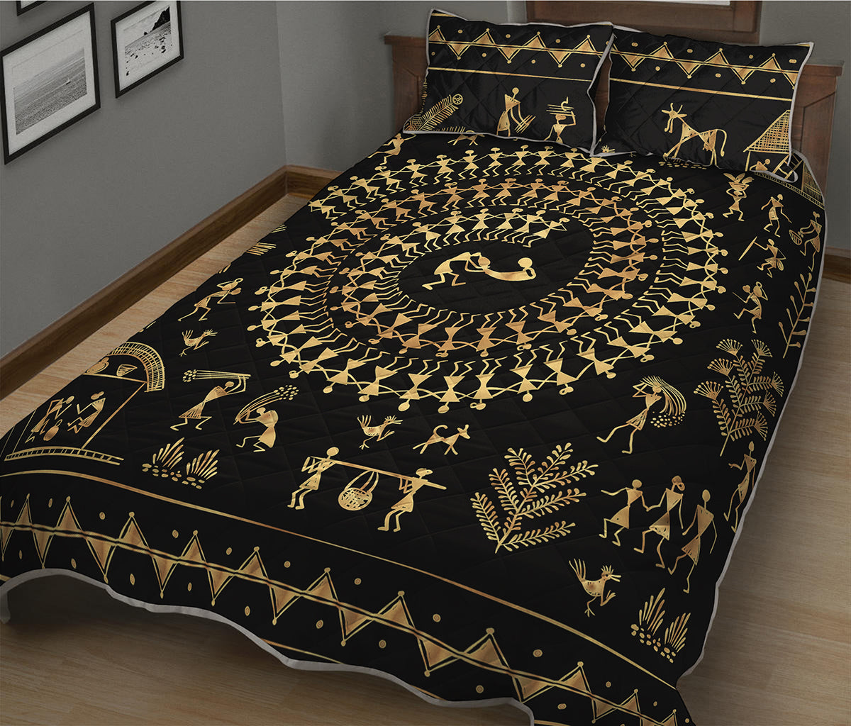 Black And Gold Warli Tribal Print Quilt Bed Set