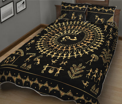 Black And Gold Warli Tribal Print Quilt Bed Set