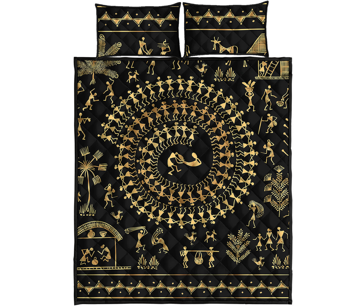 Black And Gold Warli Tribal Print Quilt Bed Set