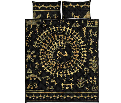Black And Gold Warli Tribal Print Quilt Bed Set