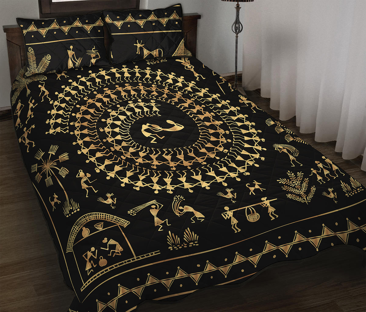 Black And Gold Warli Tribal Print Quilt Bed Set