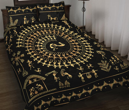 Black And Gold Warli Tribal Print Quilt Bed Set