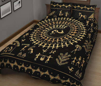 Black And Gold Warli Tribal Print Quilt Bed Set