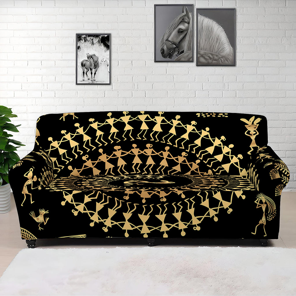 Black And Gold Warli Tribal Print Sofa Cover