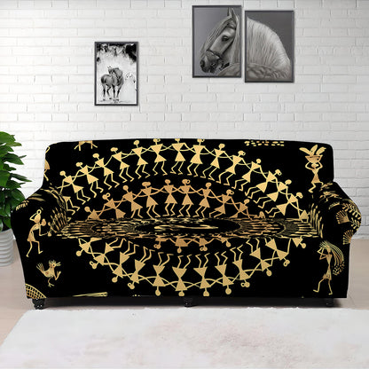 Black And Gold Warli Tribal Print Sofa Cover