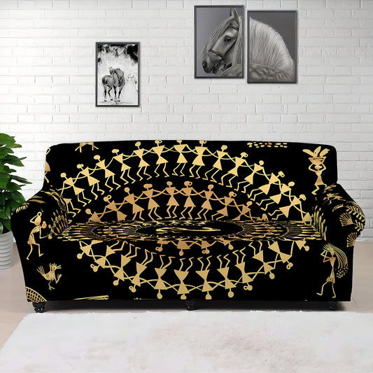 Black And Gold Warli Tribal Print Sofa Cover