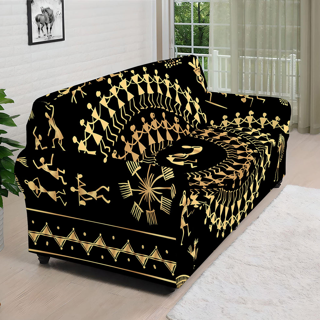 Black And Gold Warli Tribal Print Sofa Cover