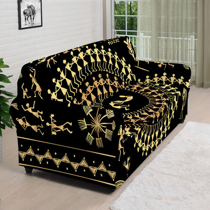 Black And Gold Warli Tribal Print Sofa Cover