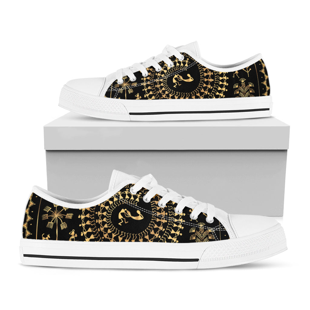 Black And Gold Warli Tribal Print White Low Top Shoes