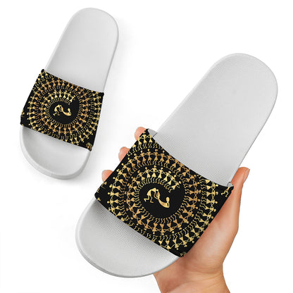 Black And Gold Warli Tribal Print White Slide Sandals