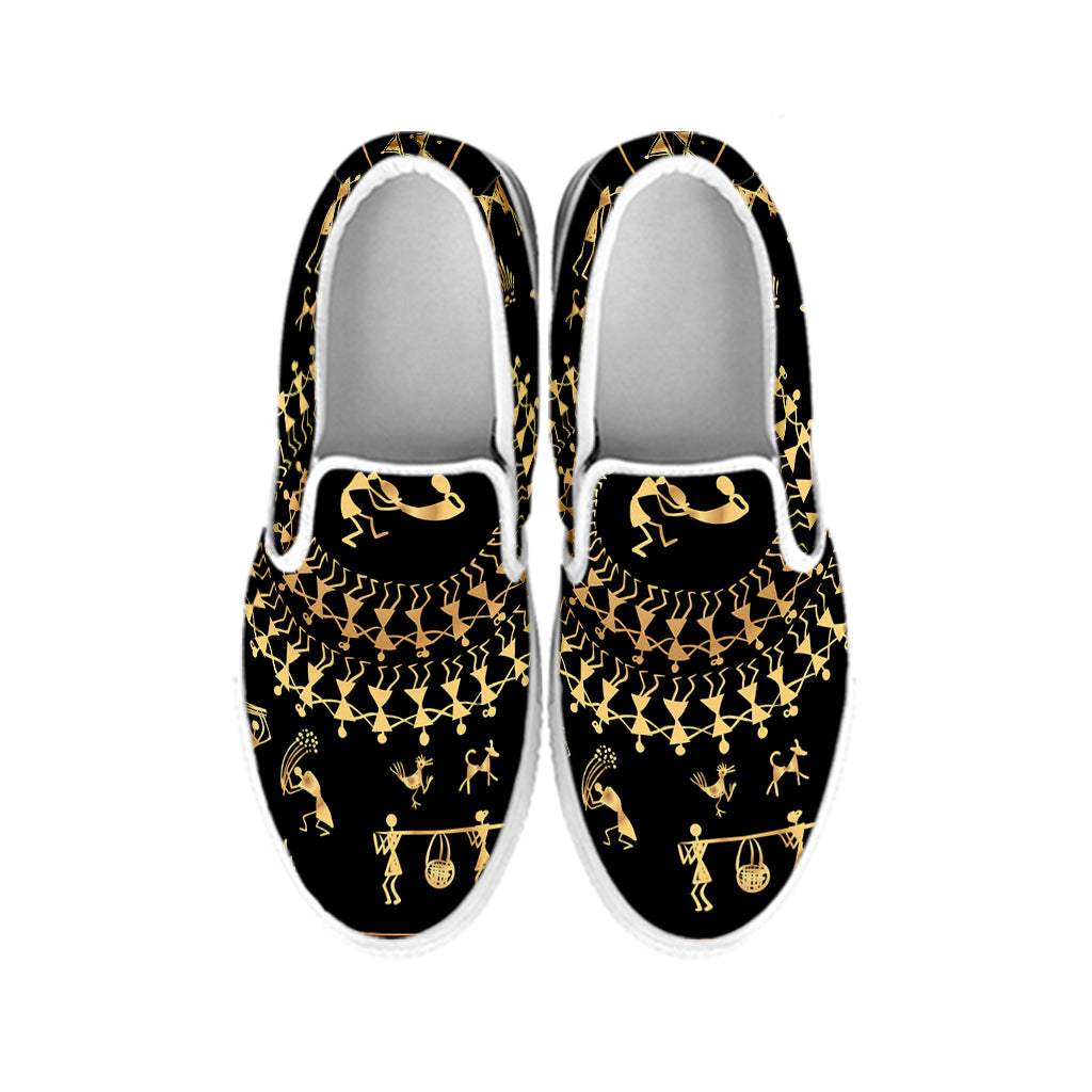 Black And Gold Warli Tribal Print White Slip On Shoes