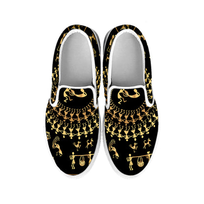Black And Gold Warli Tribal Print White Slip On Shoes