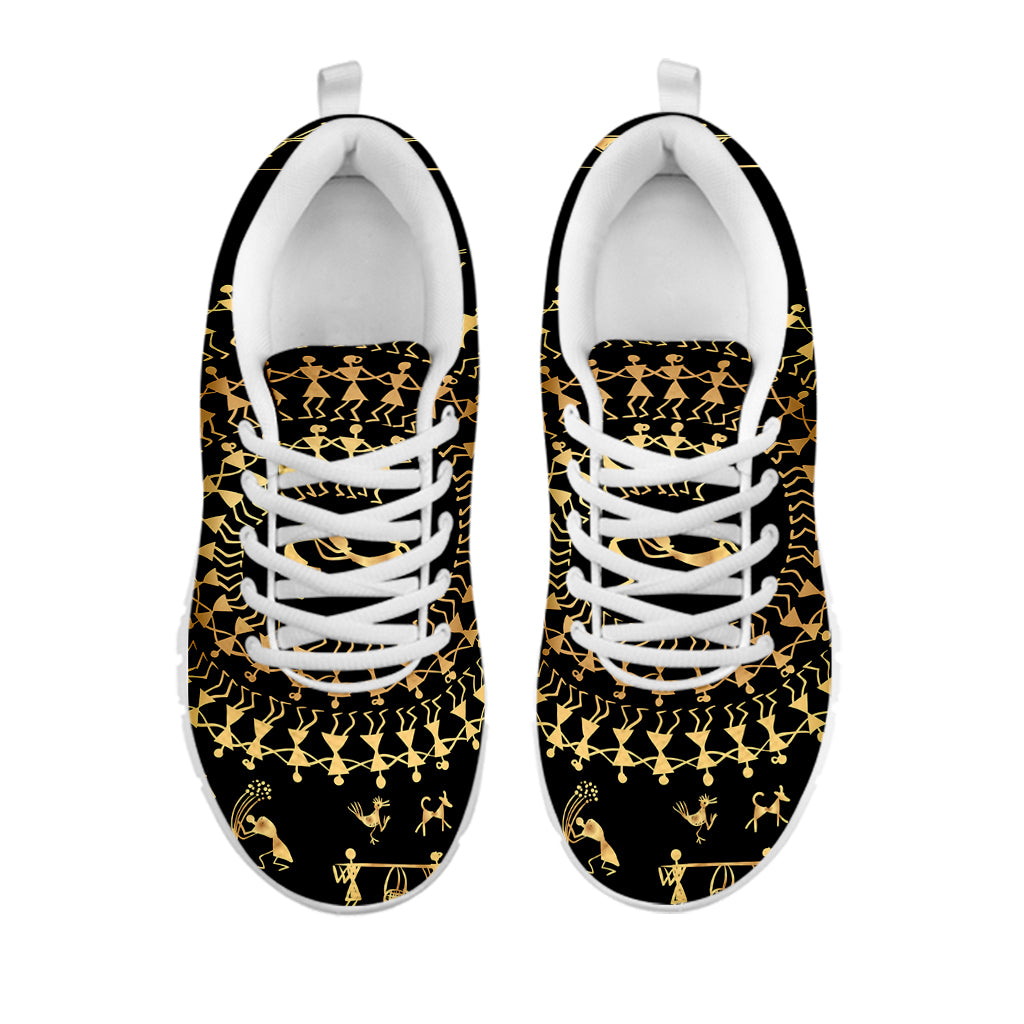 Black And Gold Warli Tribal Print White Sneakers