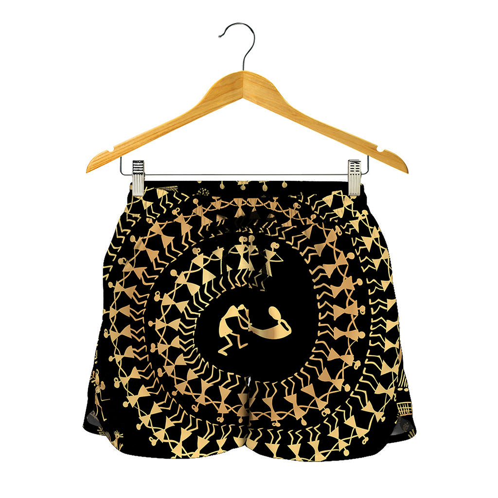 Black And Gold Warli Tribal Print Women's Shorts