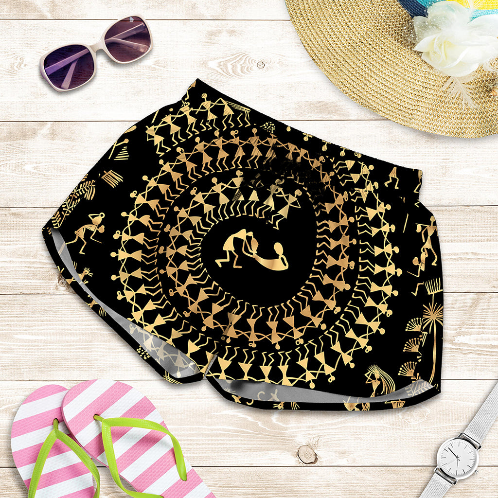 Black And Gold Warli Tribal Print Women's Shorts