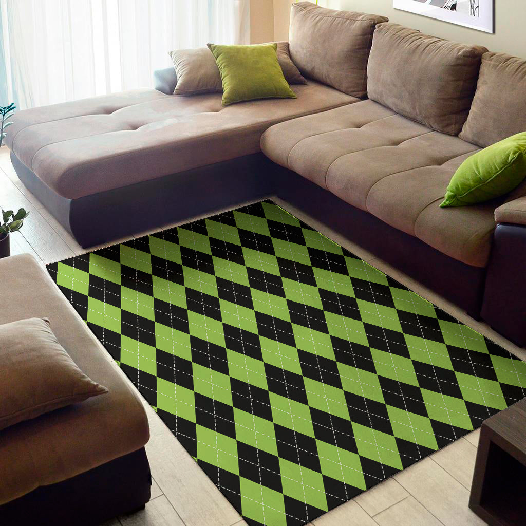 Black And Green Argyle Pattern Print Area Rug