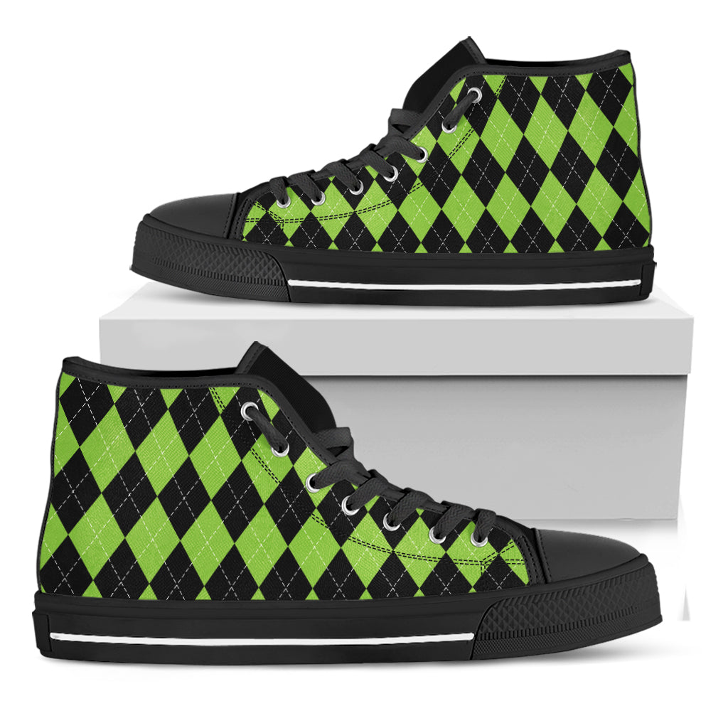 Black And Green Argyle Pattern Print Black High Top Shoes