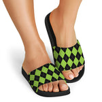 Black And Green Argyle Pattern Print Black Slide Sandals