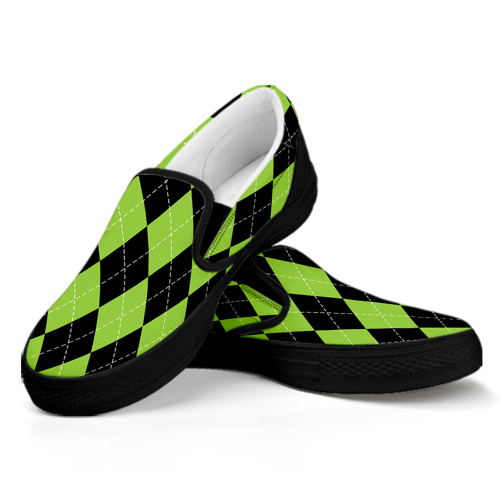 Black And Green Argyle Pattern Print Black Slip On Shoes