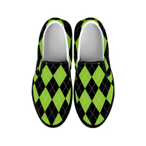 Black And Green Argyle Pattern Print Black Slip On Shoes