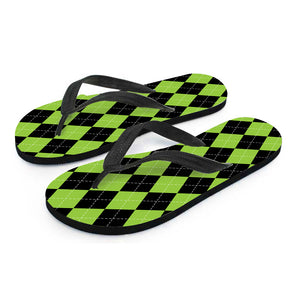 Black And Green Argyle Pattern Print Flip Flops