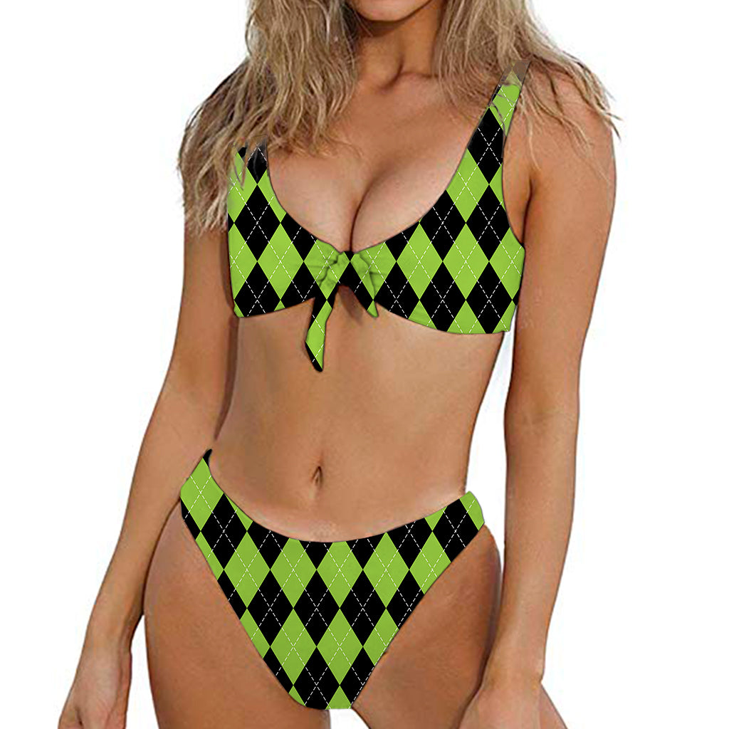 Black And Green Argyle Pattern Print Front Bow Tie Bikini