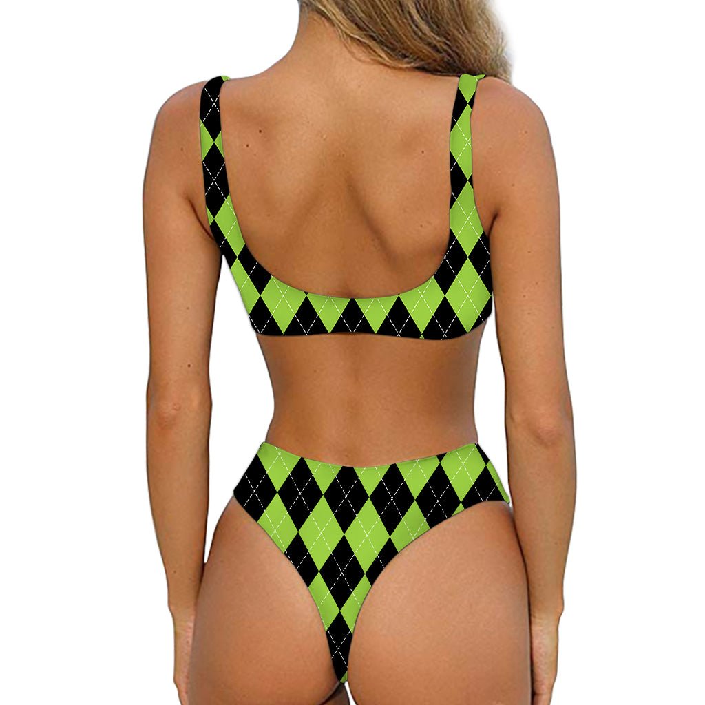 Black And Green Argyle Pattern Print Front Bow Tie Bikini