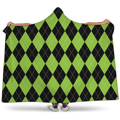 Black And Green Argyle Pattern Print Hooded Blanket