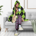 Black And Green Argyle Pattern Print Hooded Blanket