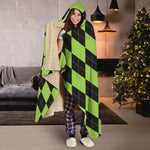 Black And Green Argyle Pattern Print Hooded Blanket