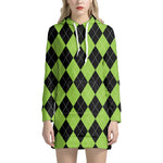 Black And Green Argyle Pattern Print Hoodie Dress