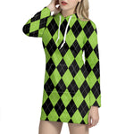 Black And Green Argyle Pattern Print Hoodie Dress