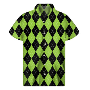 Black And Green Argyle Pattern Print Men's Short Sleeve Shirt