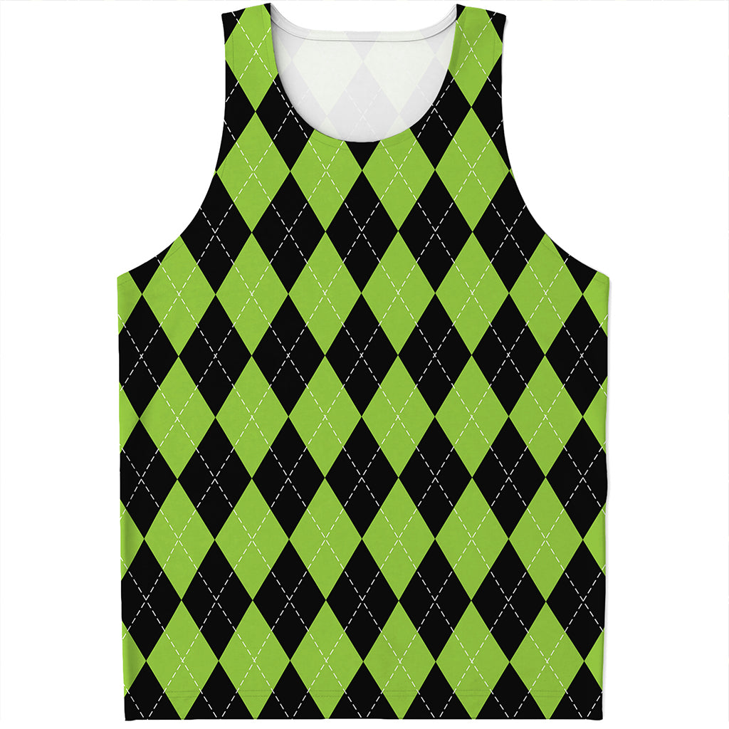 Black And Green Argyle Pattern Print Men's Tank Top