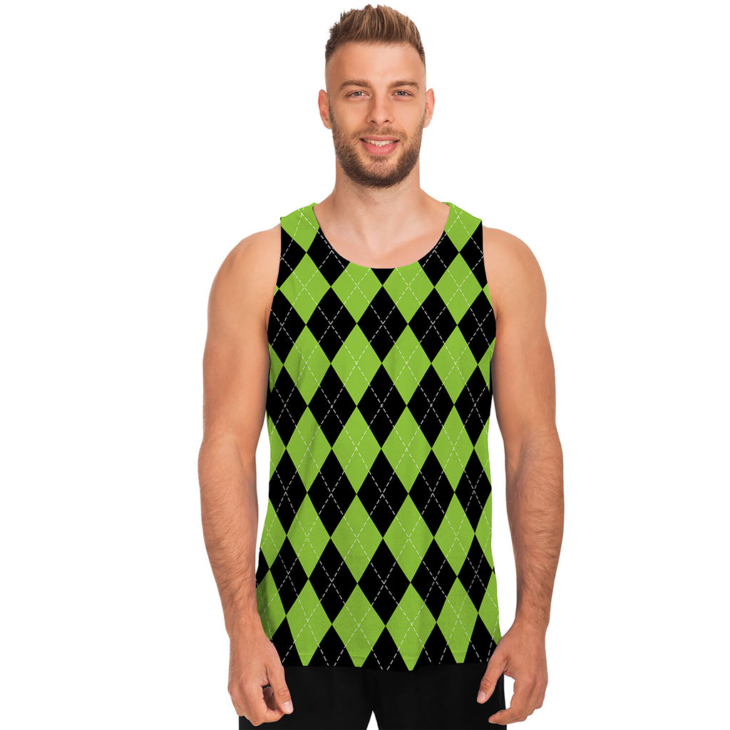 Black And Green Argyle Pattern Print Men's Tank Top