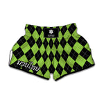 Black And Green Argyle Pattern Print Muay Thai Boxing Shorts