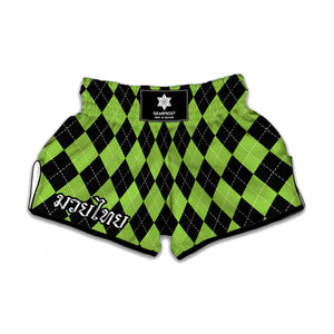 Black And Green Argyle Pattern Print Muay Thai Boxing Shorts