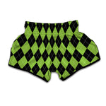 Black And Green Argyle Pattern Print Muay Thai Boxing Shorts