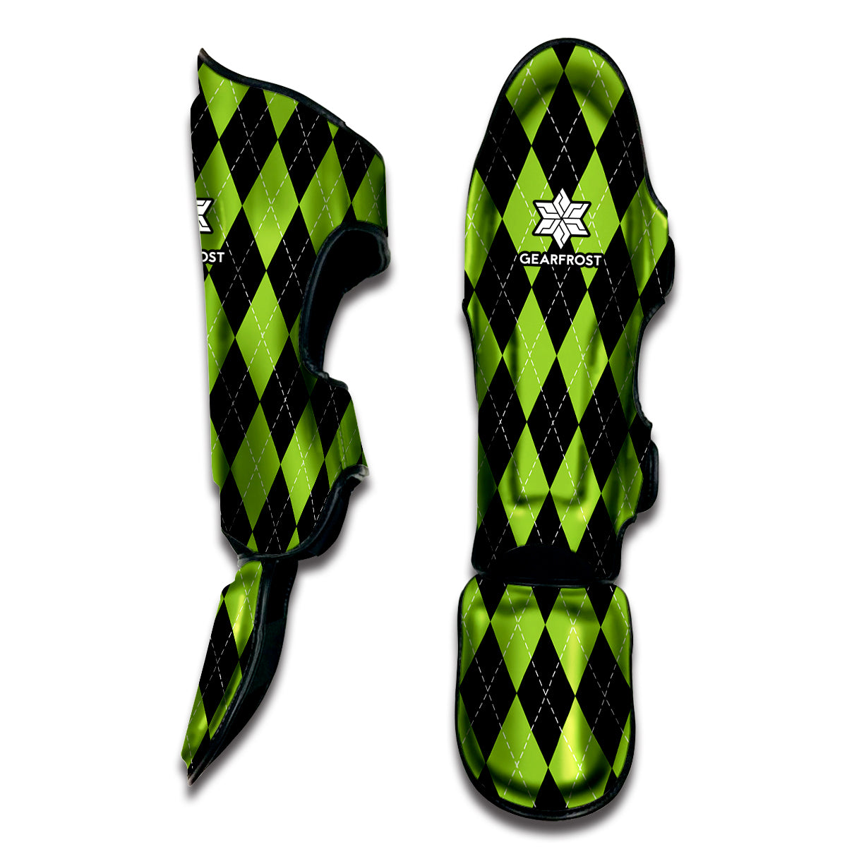 Black And Green Argyle Pattern Print Muay Thai Shin Guard