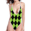 Black And Green Argyle Pattern Print One Piece High Cut Swimsuit