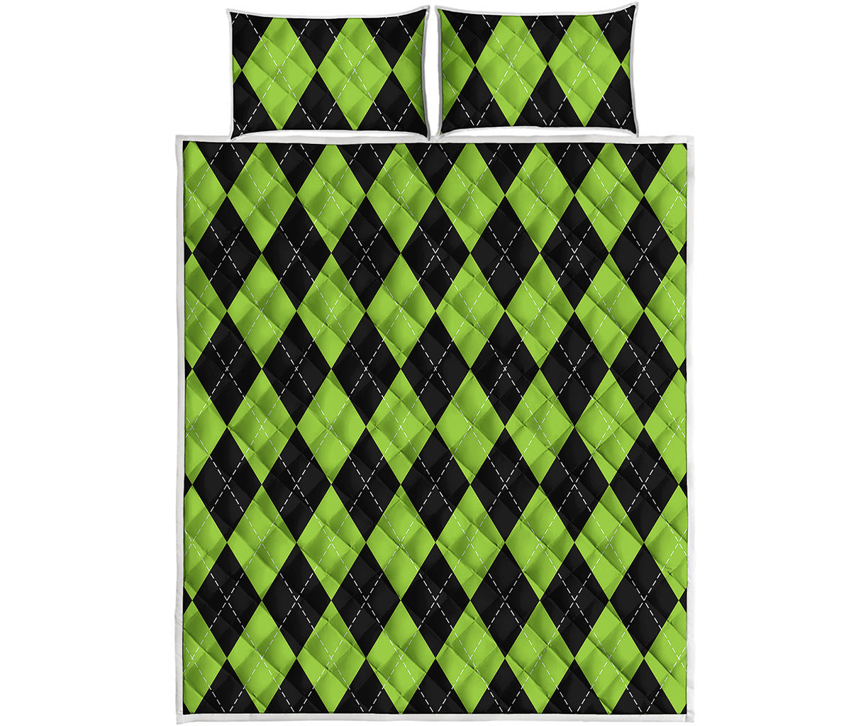 Black And Green Argyle Pattern Print Quilt Bed Set