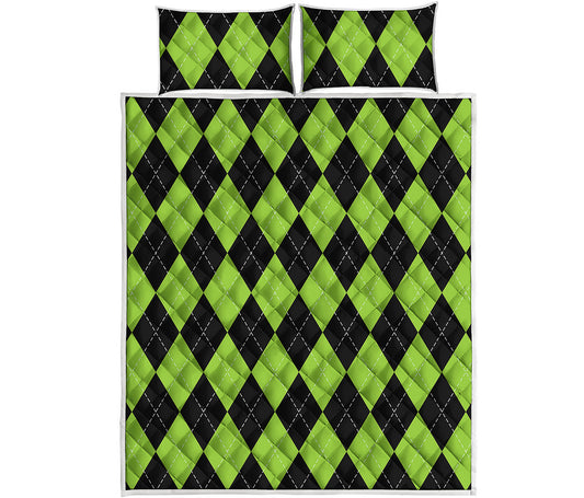 Black And Green Argyle Pattern Print Quilt Bed Set