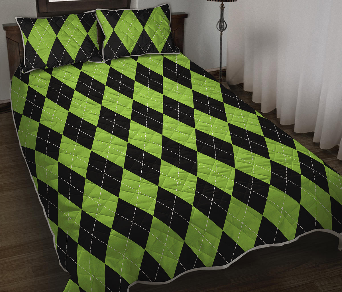 Black And Green Argyle Pattern Print Quilt Bed Set