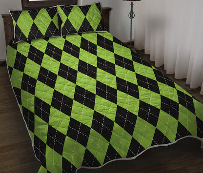 Black And Green Argyle Pattern Print Quilt Bed Set