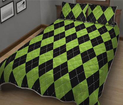 Black And Green Argyle Pattern Print Quilt Bed Set