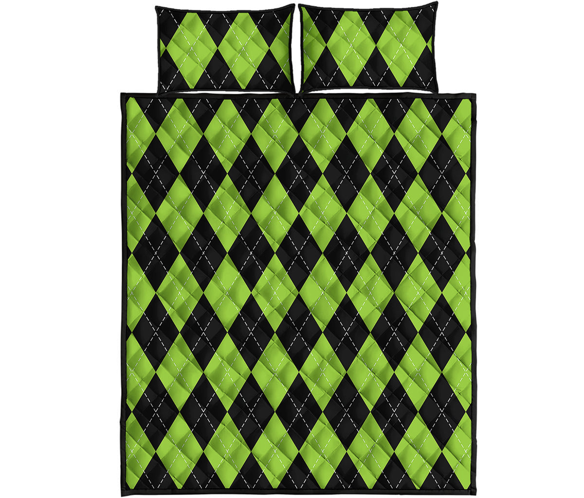 Black And Green Argyle Pattern Print Quilt Bed Set