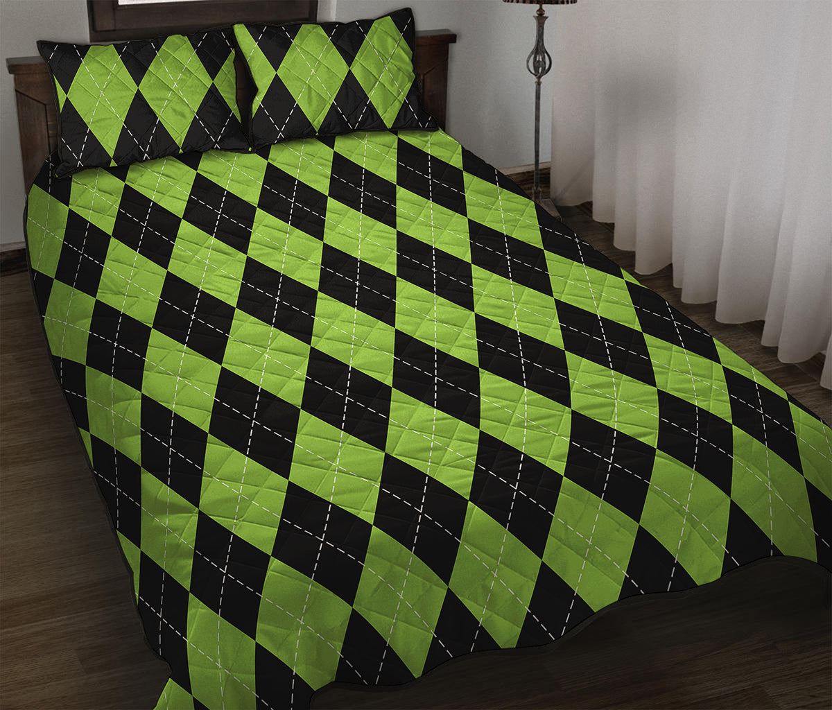 Black And Green Argyle Pattern Print Quilt Bed Set