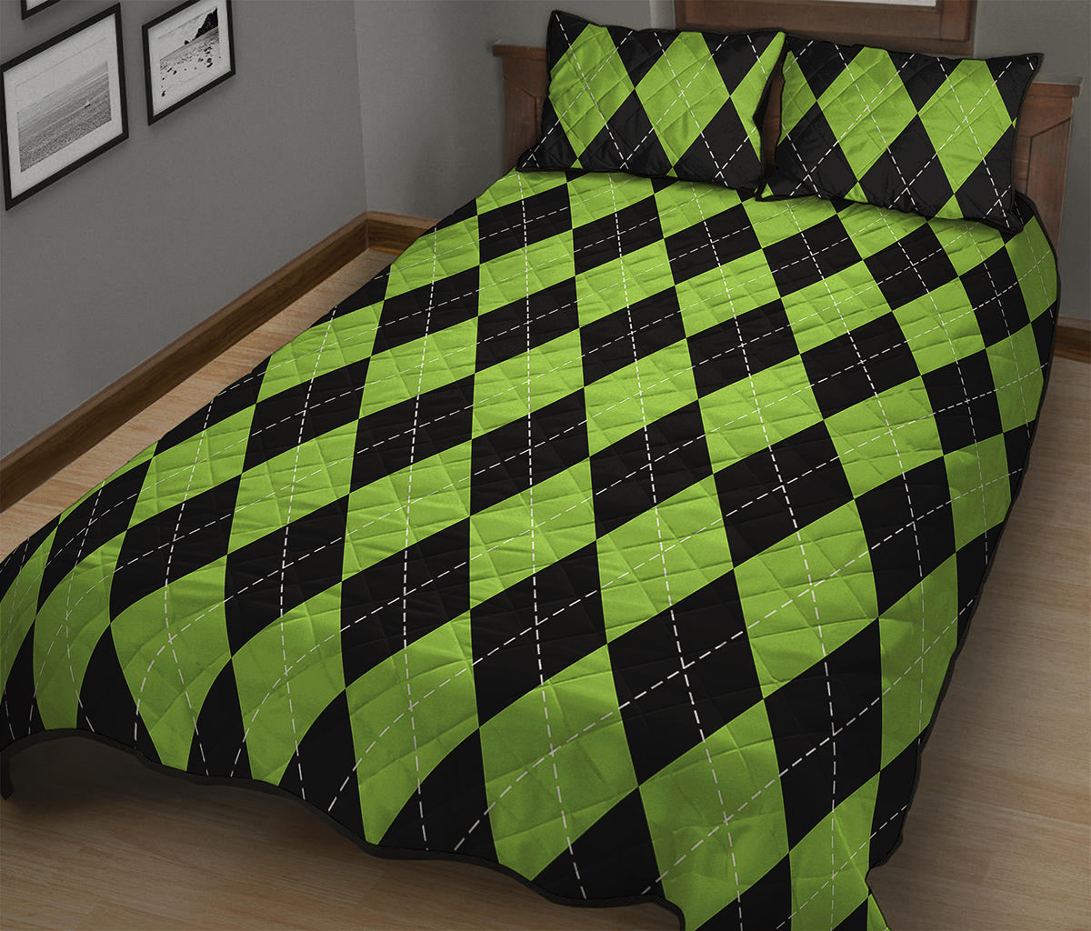 Black And Green Argyle Pattern Print Quilt Bed Set